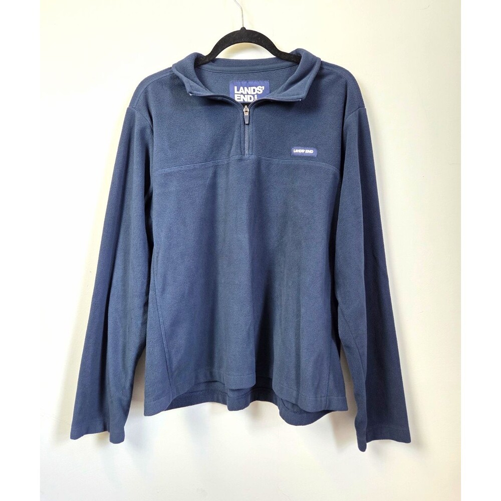Lands' End Men's Blue Fleece 1/4 Zip Mock Neck Logo Pullover Sweatshirt L